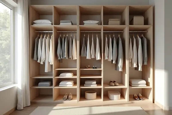 Quarto iluminado com armário aberto de madeira clara, organizado com roupas penduradas, caixas e prateleiras, ilustrando a ideia de armários funcionais dobráveis para otimizar espaços de forma prática e elegante.
