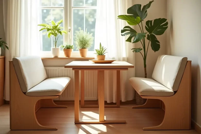 Sala de jantar compacta e iluminada por luz natural, com bancos dobráveis de madeira acolchoados posicionados ao redor de uma mesa de madeira clara, decorada com plantas em vasos sobre o tampo e no peitoral da janela ao fundo.