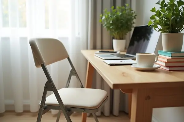 Home office iluminado pela luz natural, com mesa de madeira clara, notebook, livros e plantas decorativas, acompanhado de cadeiras dobráveis de metal acolchoadas, oferecendo praticidade e conforto em um espaço compacto.
