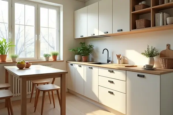 Cozinha compacta e bem iluminada, com armários brancos, bancada de madeira, mesa simples com banquinhos e várias plantas decorativas, representando um design inteligente para cozinhas compactas que combina funcionalidade e estética.