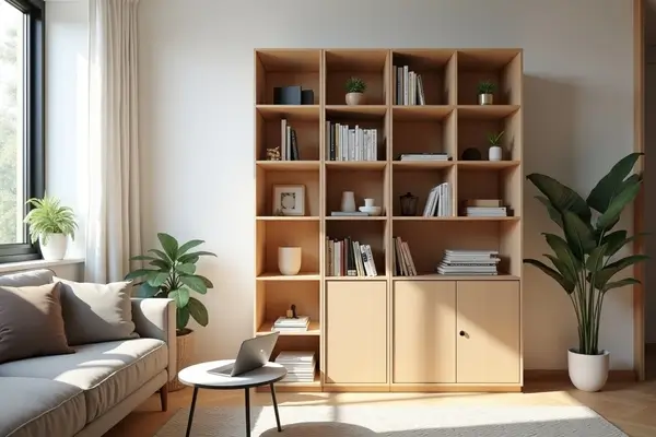 Apartamento studio moderno com encaixes funcionais para estantes dobráveis