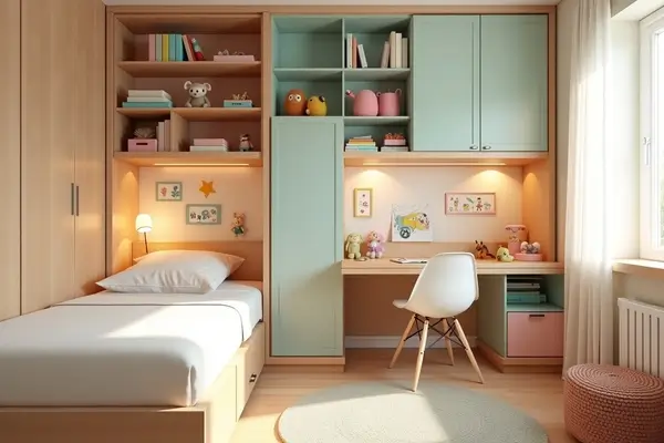 Quarto infantil organizado e iluminado, com cama simples, escrivaninha, prateleiras decoradas e armários coloridos, destacando o uso de móveis dobráveis infantis.