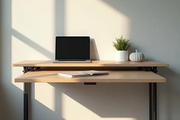 Escrivaninha moderna com duas superfícies retráteis, destacando mecanismos confiáveis para escrivaninhas dobráveis, com laptop, livro aberto e vaso decorativo sob luz natural.