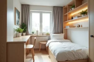 Quarto de hóspedes compacto e acolhedor, com cama simples, mesa de trabalho, prateleiras iluminadas e plantas decorativas, destacando o uso de móveis inteligentes para quarto de hóspedes que maximizam o conforto e o aproveitamento do espaço.