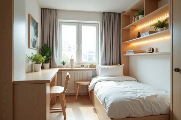 Quarto de hóspedes compacto e acolhedor, com cama simples, mesa de trabalho, prateleiras iluminadas e plantas decorativas, destacando o uso de móveis inteligentes para quarto de hóspedes que maximizam o conforto e o aproveitamento do espaço.
