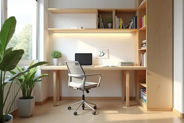Espaço moderno e iluminado com mesa de madeira clara, cadeira ergonômica e prateleiras organizadas, representando salas de estudo compactas com móveis inteligentes.