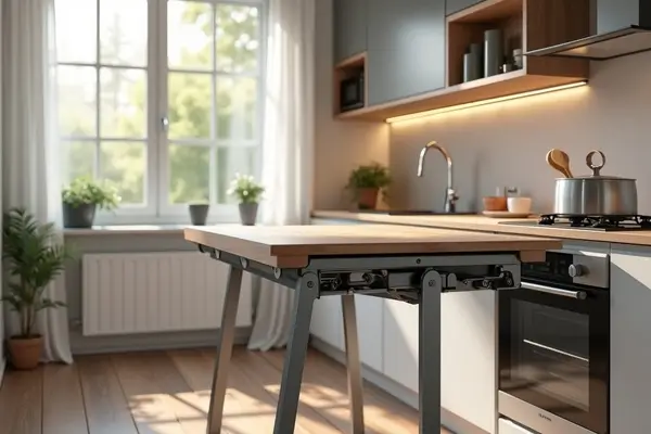 Fotografia realista de uma cozinha compacta com mesa dobrável com sistemas de abertura de mesas dobráveis