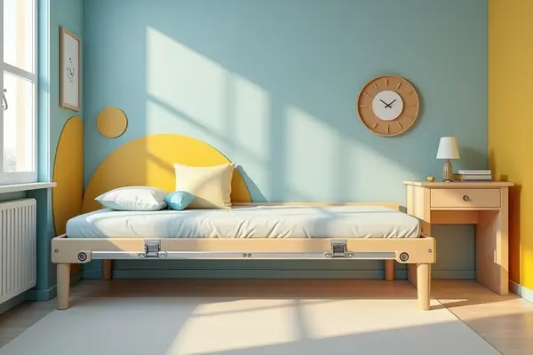 Quarto infantil iluminado com cama dobrável equipada com tecnologias de segurança para móveis dobráveis infantis, mostrando travas reforçadas na estrutura, ao lado de uma mesa de apoio e parede decorada em tons de azul e amarelo.