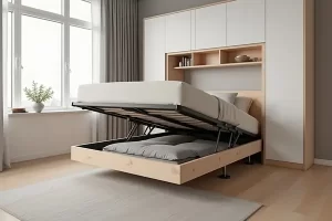 Quarto mostrando mecanismos hidráulicos para camas dobráveis