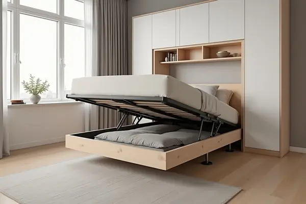 Quarto mostrando mecanismos hidráulicos para camas dobráveis