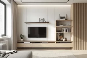 Imagem de um rack dobrável de parede instalado em um ambiente minimalista, com acabamento em madeira clara, ao lado de uma TV moderna.
