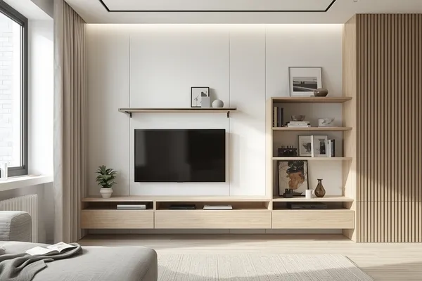 Imagem de um rack dobrável de parede instalado em um ambiente minimalista, com acabamento em madeira clara, ao lado de uma TV moderna.